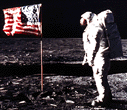 scene from Apollo 11 landing, with U.S. flag 